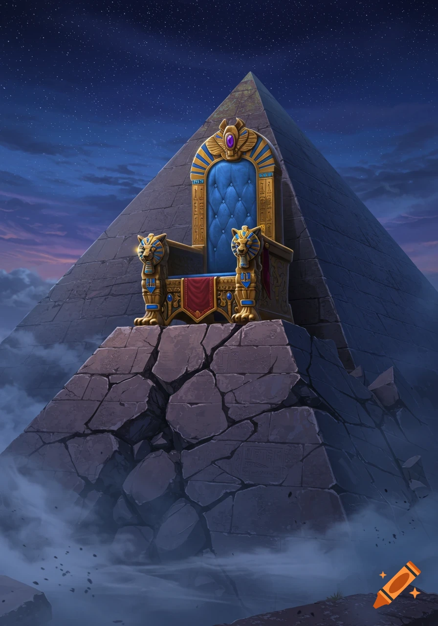 An ornate gold and blue Egyptian-style throne sits on top of a cracked stone pyramid under a starry night sky, with mist around the base.