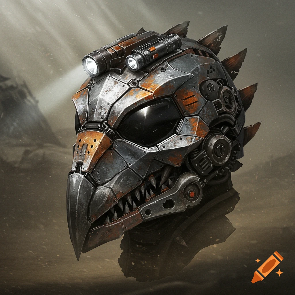 A futuristic raptor-shaped helmet made of rusty scrap metal with a black visor and glowing flashlights.
