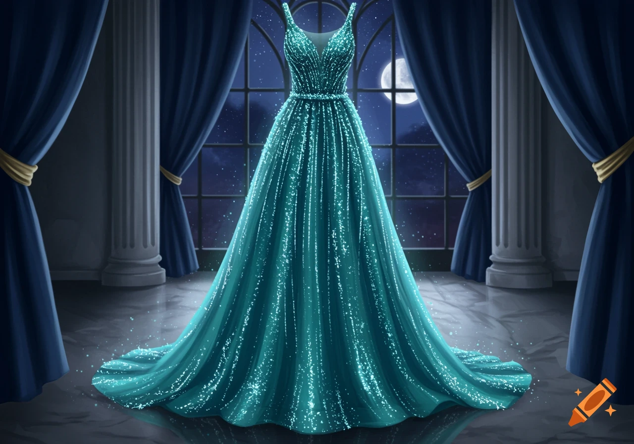 A glittering teal sequined prom dress stands in a grand room with blue curtains and a window overlooking a starry night sky with a full moon.