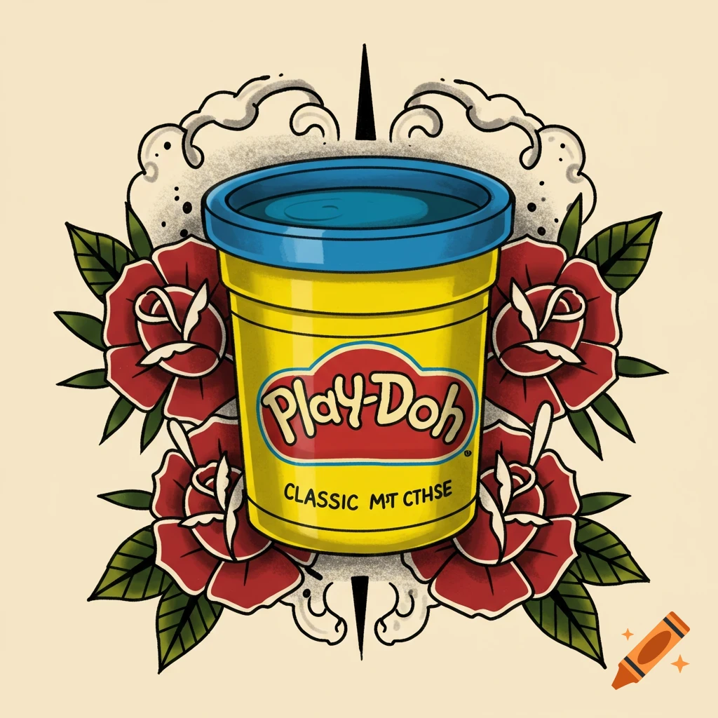 Traditional tattoo illustration of a yellow Play-Doh container with red roses and green leaves.