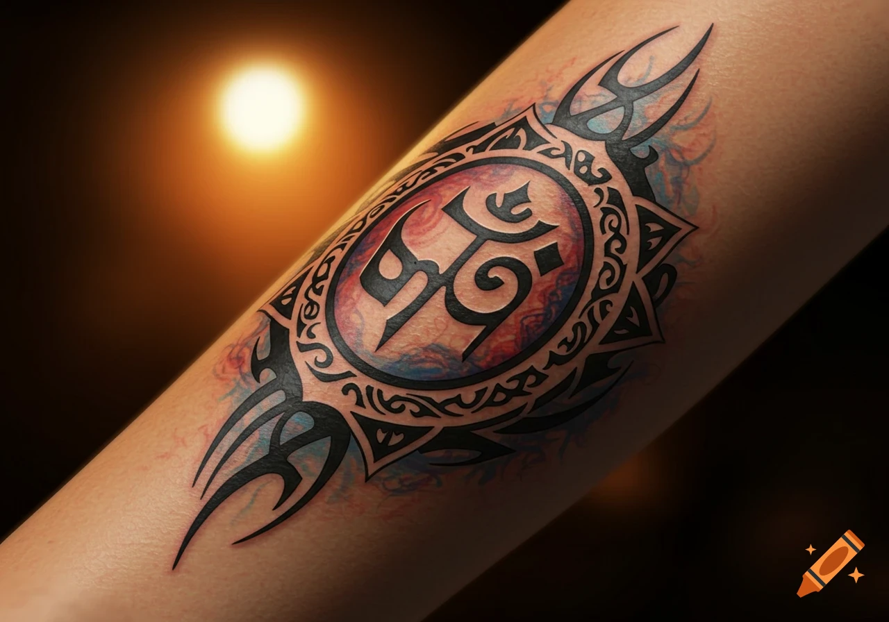 Close-up of a detailed tattoo on an arm, featuring a black spiritual Om symbol surrounded by tribal and mandala-like patterns with watercolor effects.