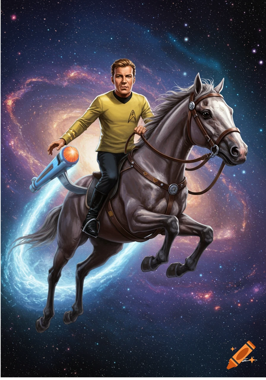 Captain Kirk riding a horse through space with a phaser attached to its rear, against a cosmic nebula background.