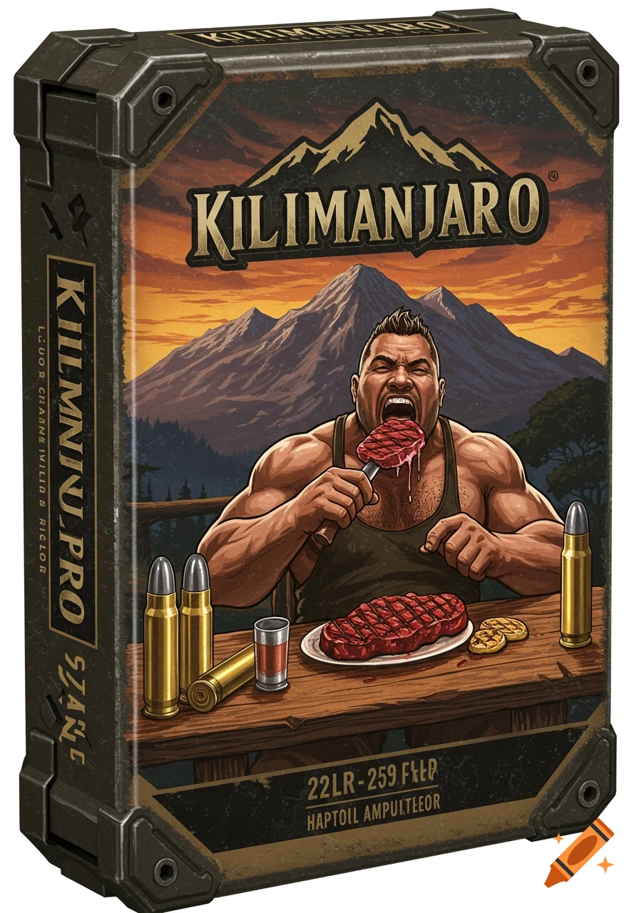 An illustrated ammunition box for 'Kilimanjaro' brand, featuring a muscular man aggressively eating a large steak in front of mountains. Bullets and an empty shell casing are on the wooden table.