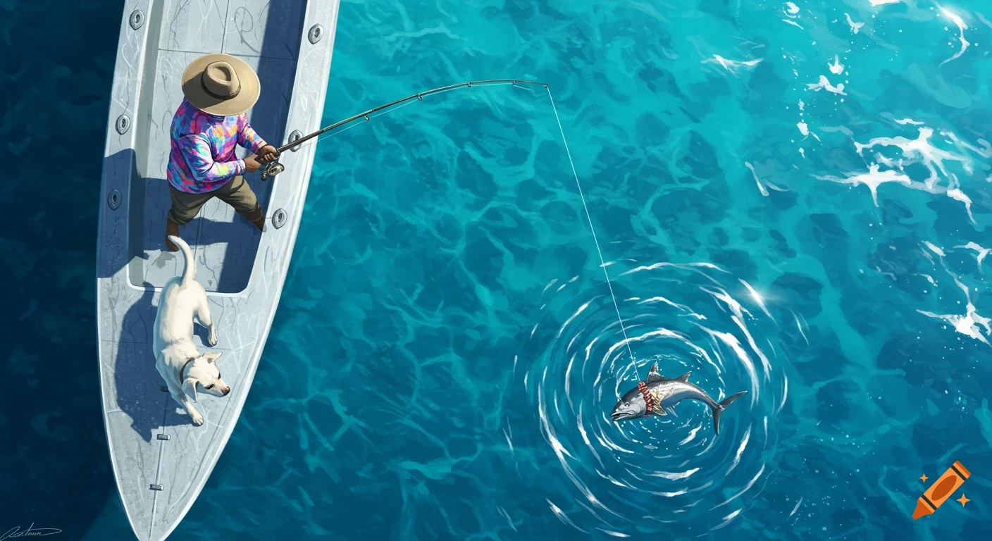 Aerial view of a person in a boat fishing with a white dog looking at the water, which holds a large fish on the line.