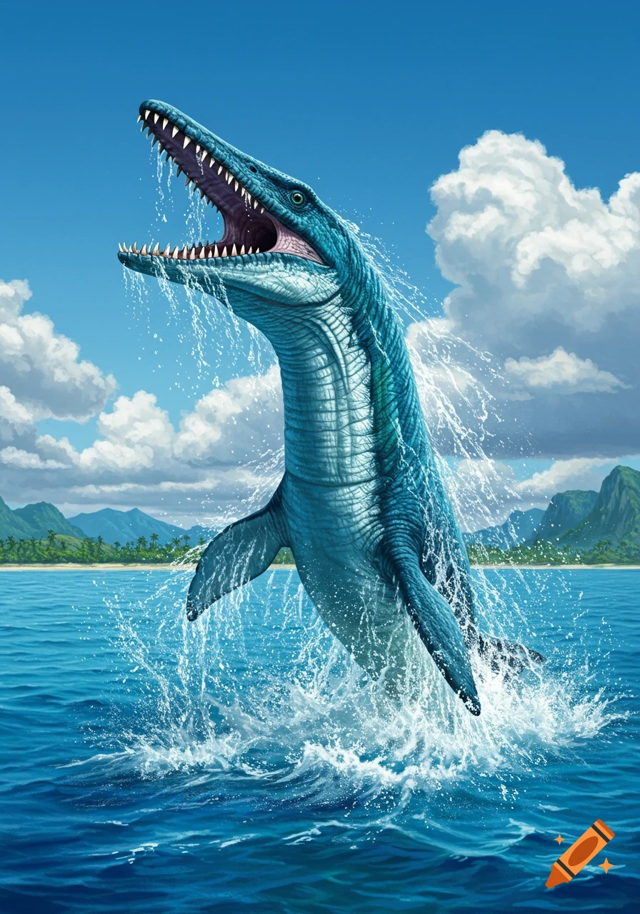 A large blue mosasaurus dinosaur leaps out of the ocean with water splashing, against a blue sky with clouds and tropical islands.