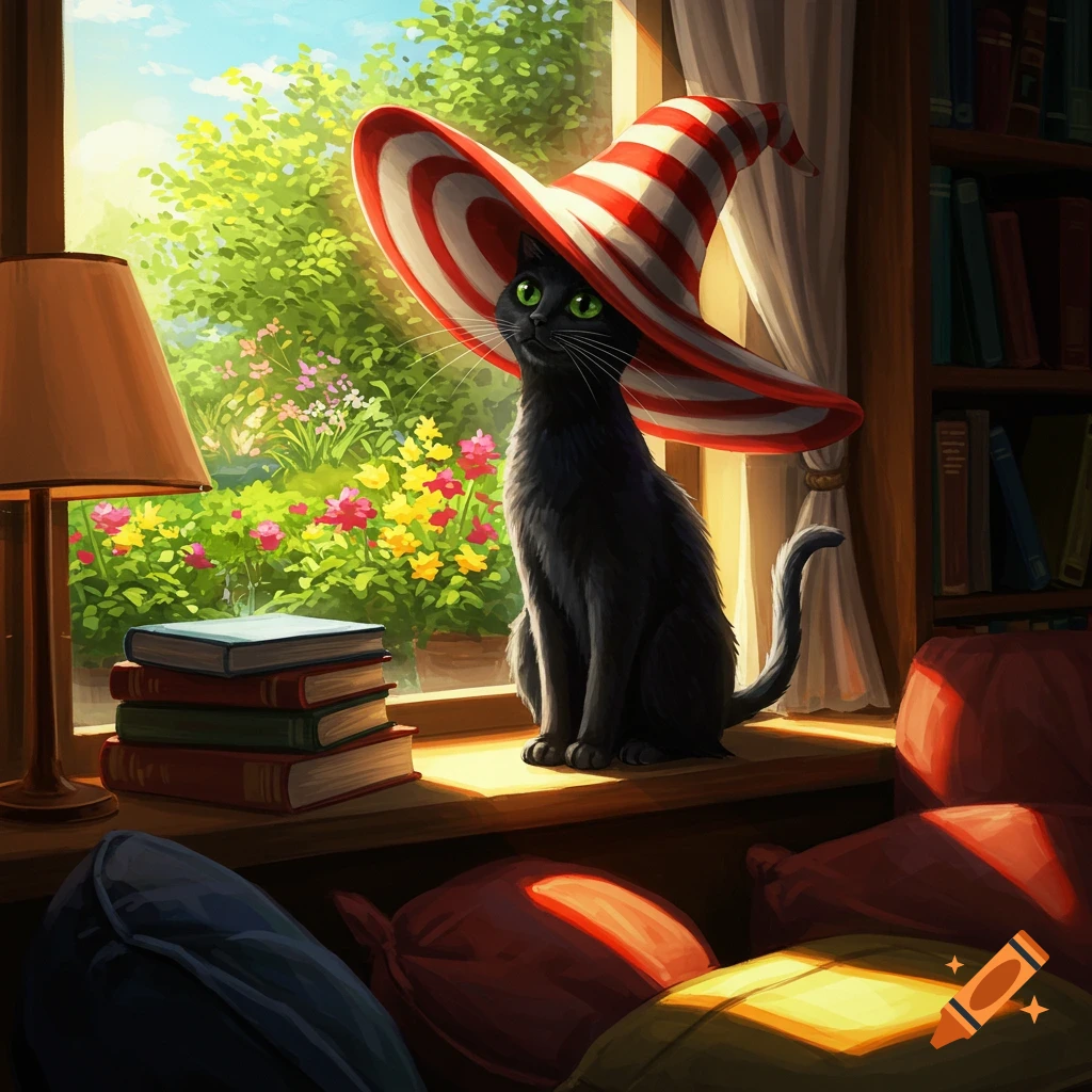 A black cat with green eyes wearing a tall red and white striped hat sits on a sunny windowsill next to a stack of books and a lamp, overlooking a vibrant garden. The image has a warm, illustrative style.