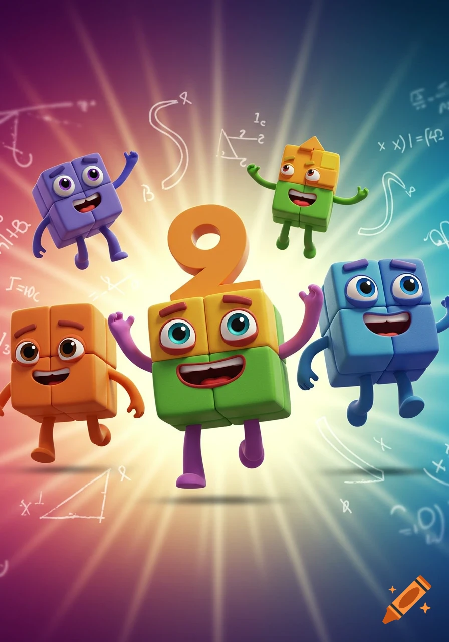 Five colorful, happy block characters and a large orange number 9 float in a vibrant, glowing background with blurred mathematical symbols.
