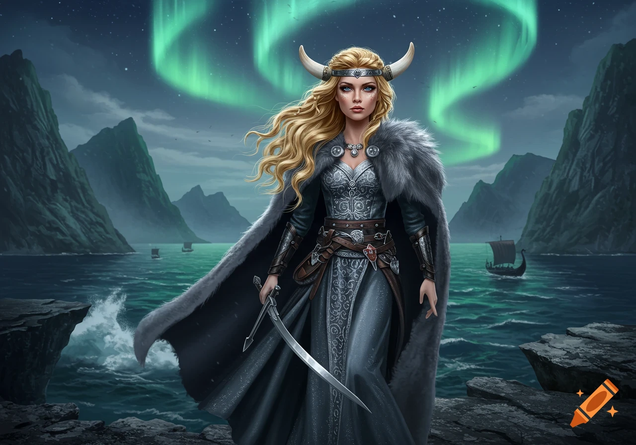 A blonde female Viking warrior in ornate armor and horned helmet stands by the sea, holding a sword, with aurora borealis and longboats.