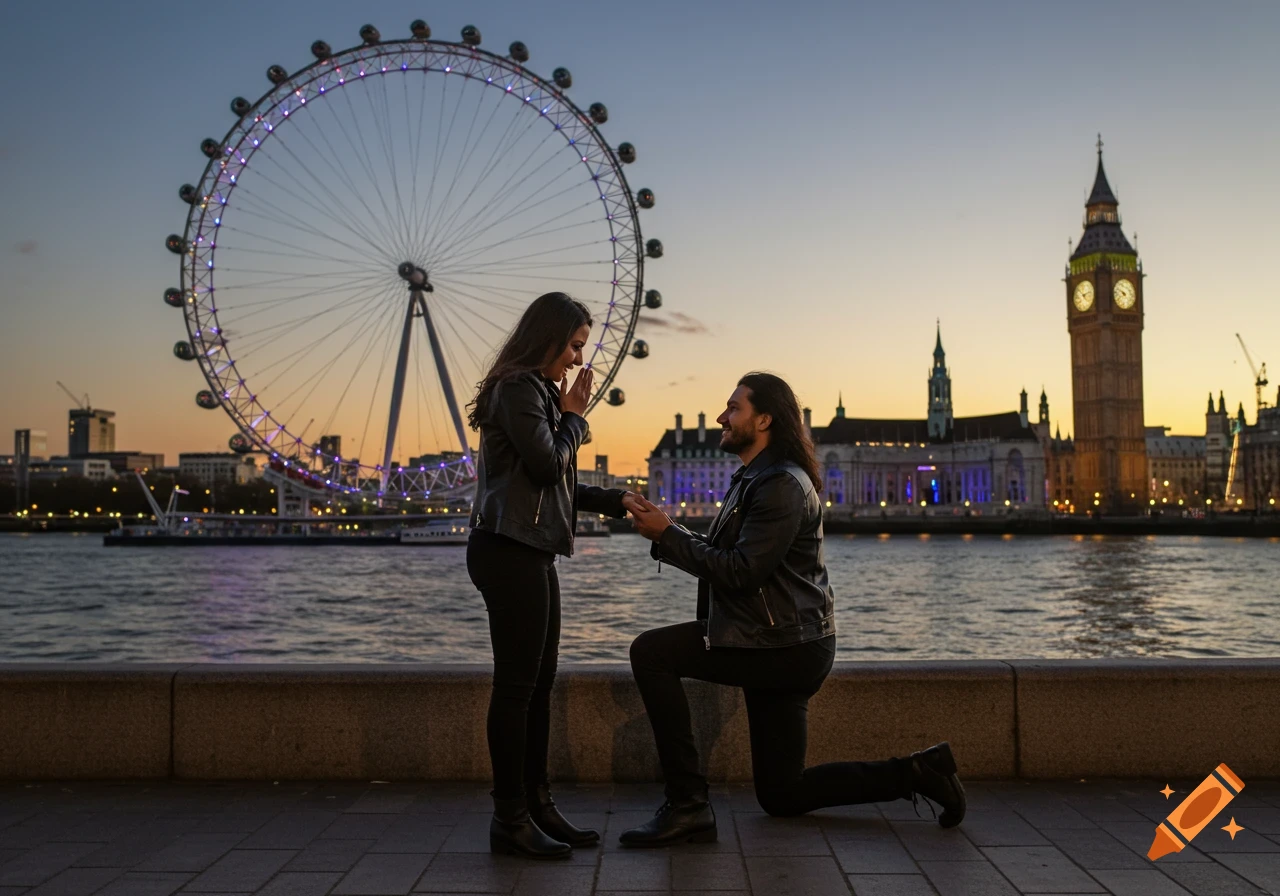 A man proposes to a woman on a promenade with the London Eye and Big Ben lit up in the background at dusk.