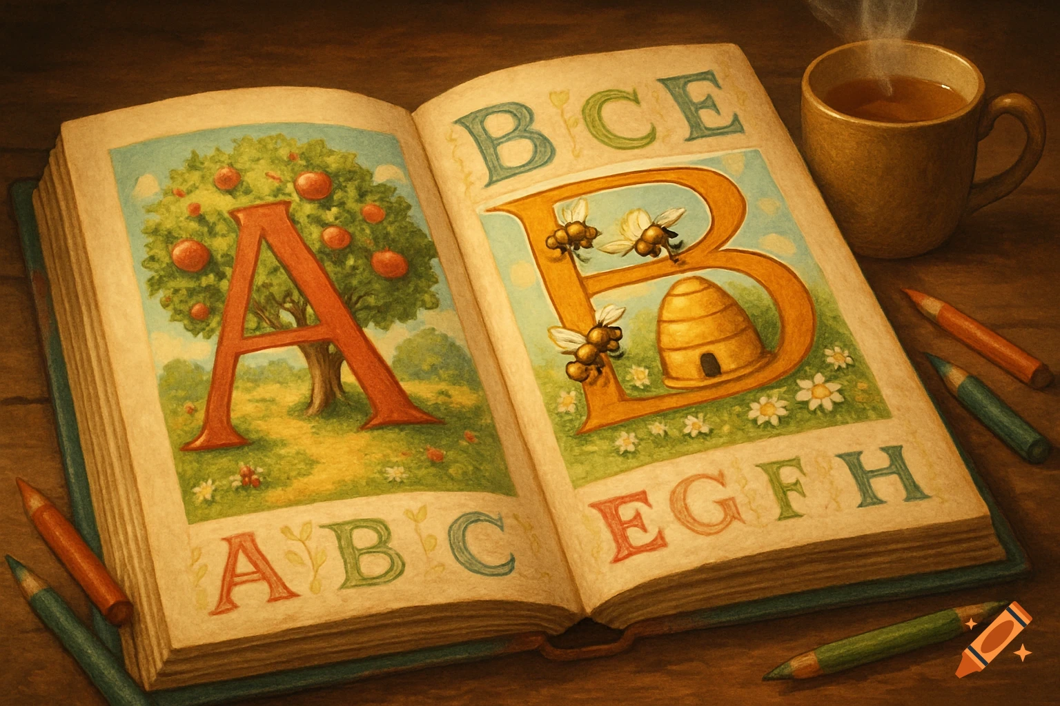 An open alphabet book illustration with a large red 'A' next to an apple tree on the left page, and a large orange 'B' with bees and a beehive on the right page. A steaming mug and colored pencils are on the wooden table beside the book, in a warm, painterly style.