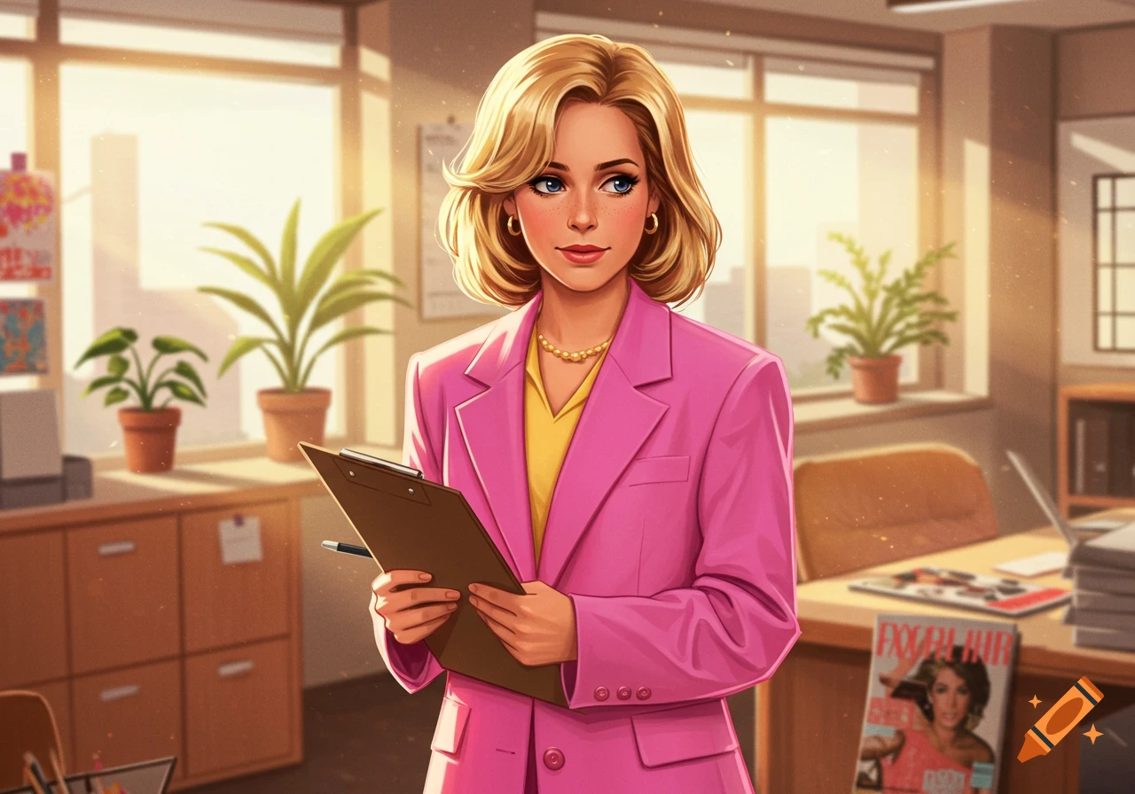 An illustrated blonde woman in a bright pink blazer and yellow top holds a clipboard in an office setting.