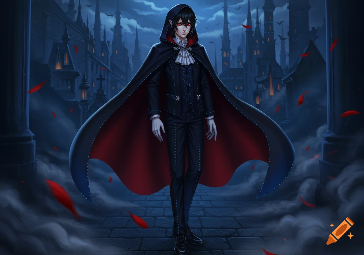 Anime vampire boy with black hair and red eyes, wearing a black suit and hooded cape, standing on a dark street in a gothic city.