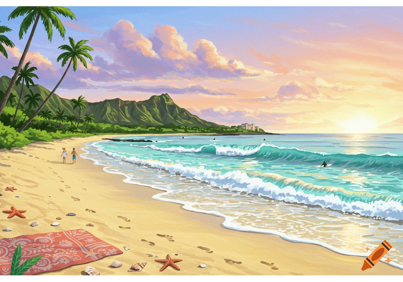 Vibrant painting of a tropical beach with palm trees, green mountains, turquoise waves, and a couple walking on the sand at sunset.