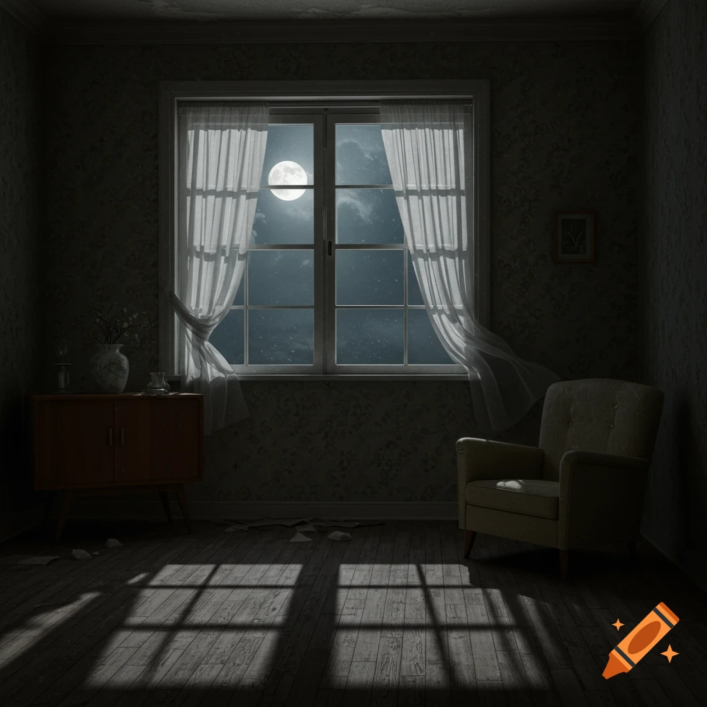 A dark, empty vintage 1950s room with a large window. A full moon outside casts shadows on the wooden floor.