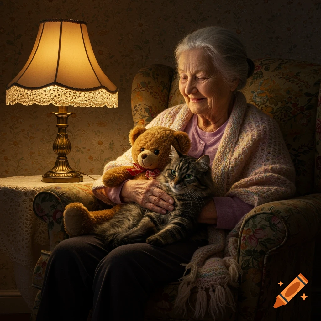 Elderly woman in armchair cuddling a tabby cat and a teddy bear, illuminated by a table lamp in a cozy room.