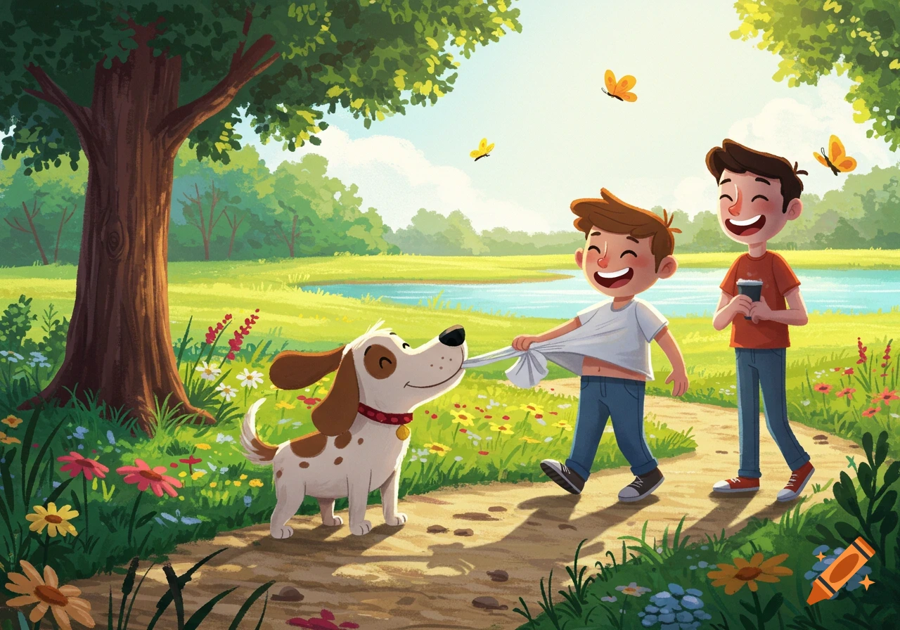 A happy cartoon dog playfully tugs on a boy's shirt while he walks with another boy through a sunny park by a lake.