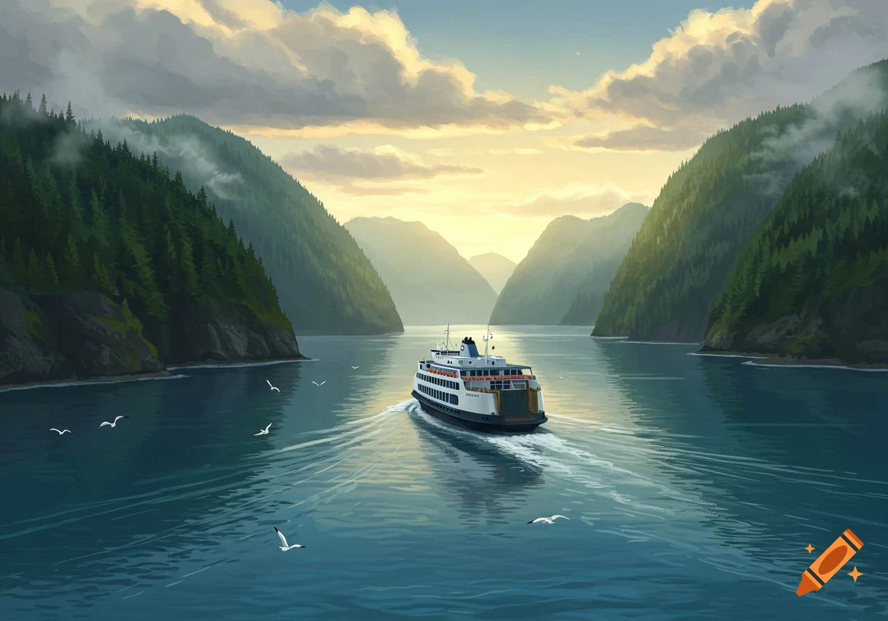 An illustrated BC ferry sails through a calm, mountain-lined passage under a sunset sky.
