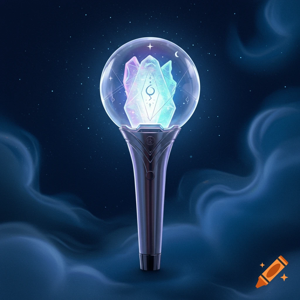 A Kpop lightstick with a clear globe containing glowing pink, purple, and blue crystals, on a metallic handle against a starry blue sky.