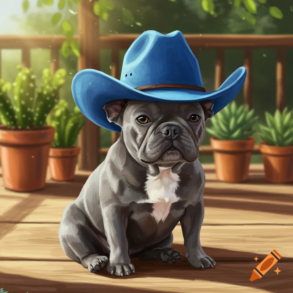 A gray French bulldog wearing a blue cowboy hat sits on a sunny wooden porch with potted plants in a digital illustration.