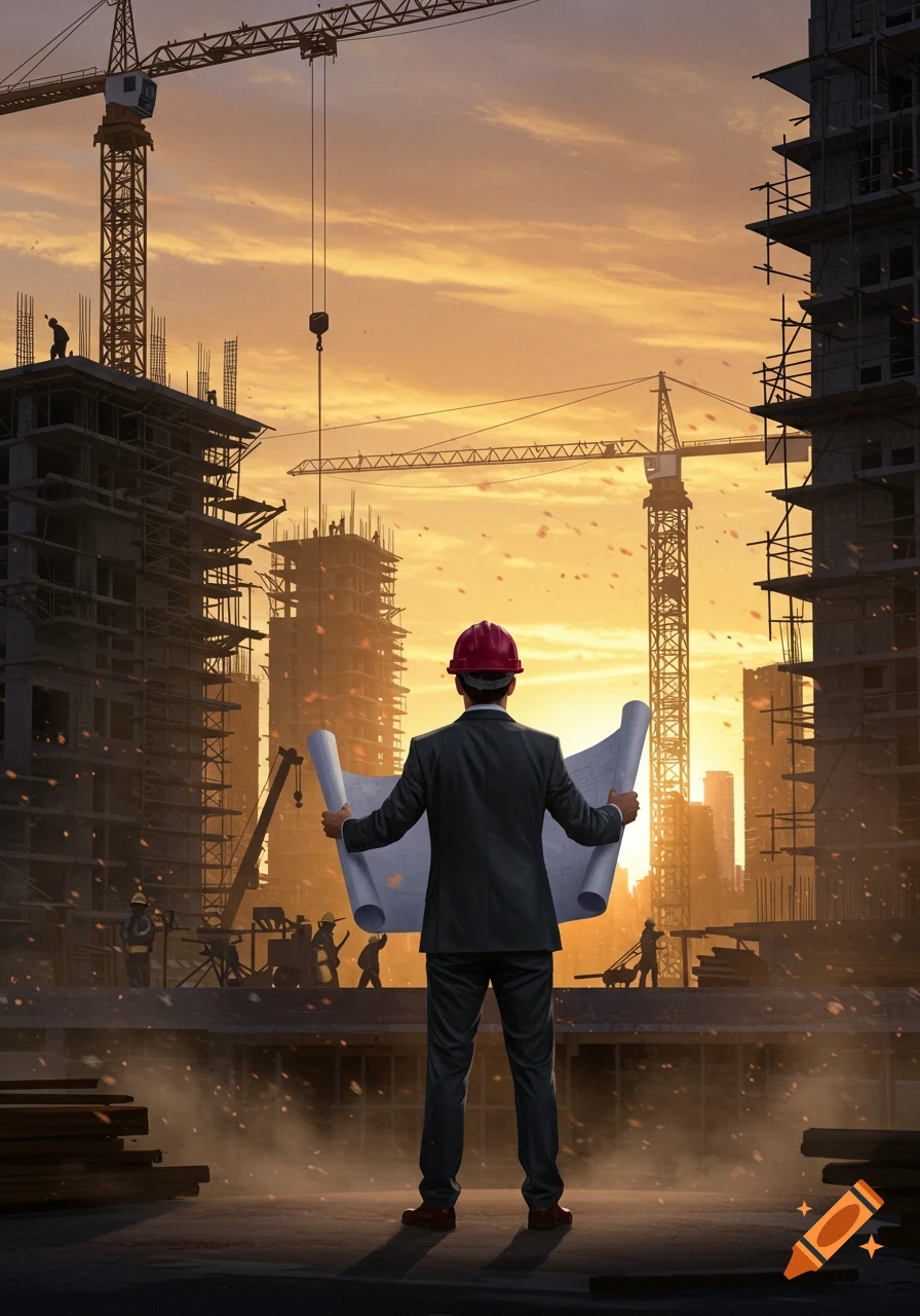 A man in a suit and hard hat holds blueprints, looking at a large construction site with cranes and buildings at sunset.