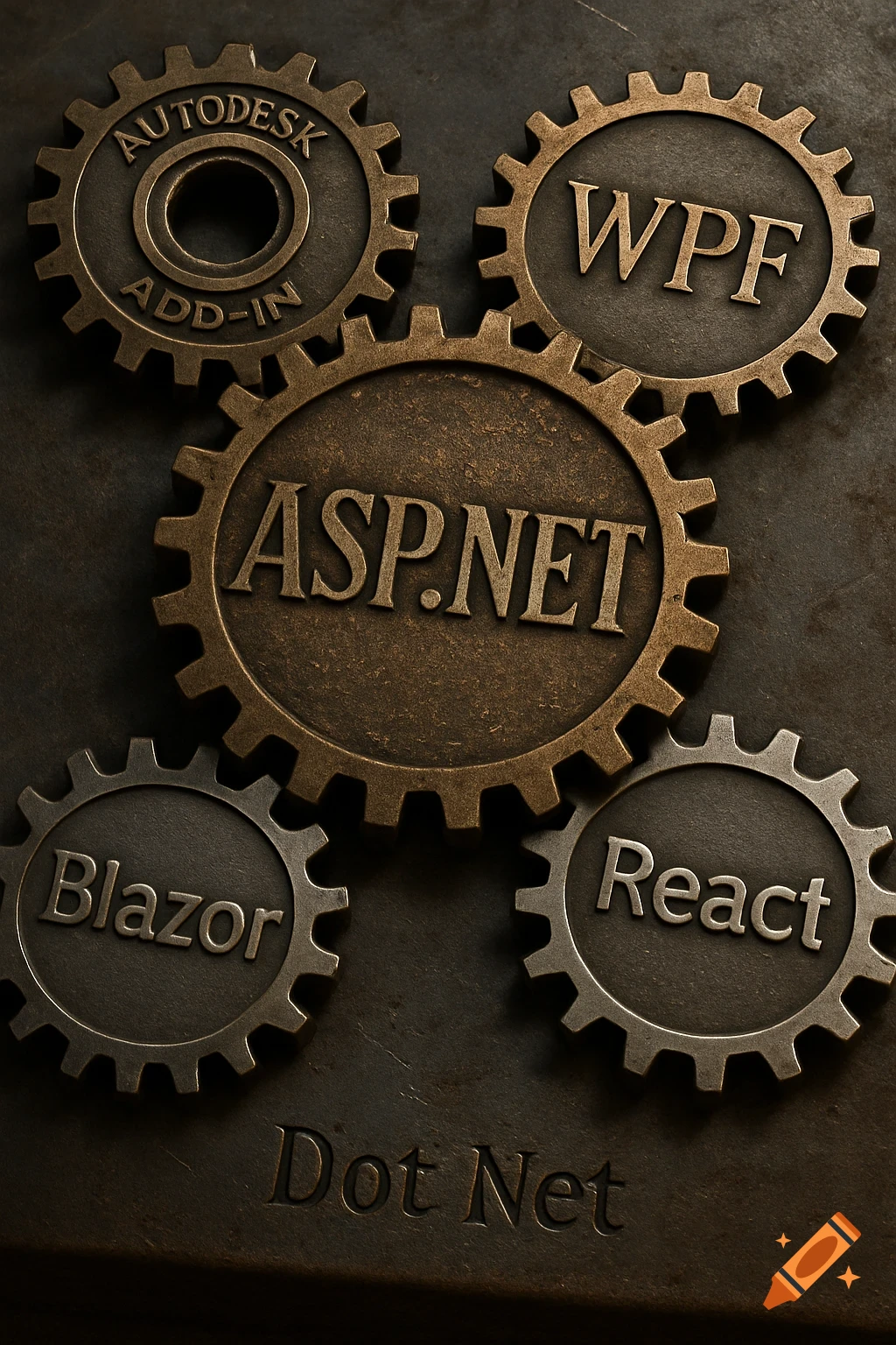 A close-up of industrial-style gears on a dark metallic surface. Bronze gears are engraved with "ASP.NET", "AUTODESK ADD-IN", and "WPF". Silver gears are engraved with "Blazor" and "React". "Dot Net" is engraved on the surface below.