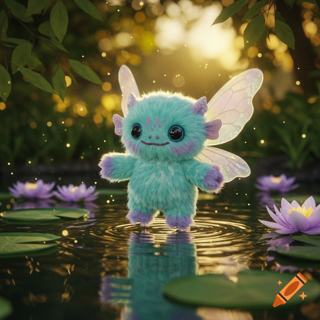 A cute, fluffy, teal and purple fairy creature with iridescent wings stands in a pond with water lilies at sunset.