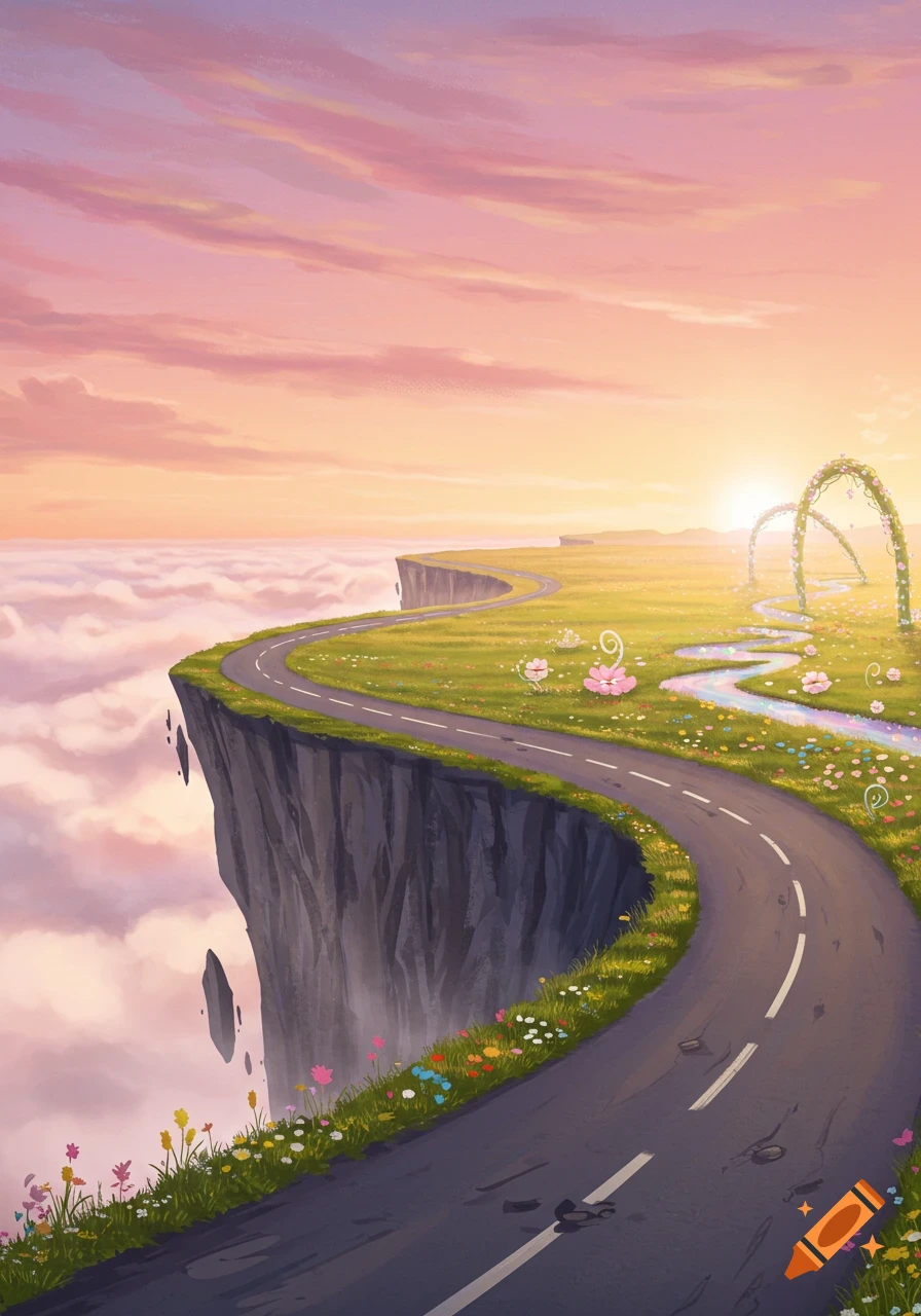 Winding road on a cliff overlooking clouds, with a path leading to flower arches and a sunset in a whimsical illustration.