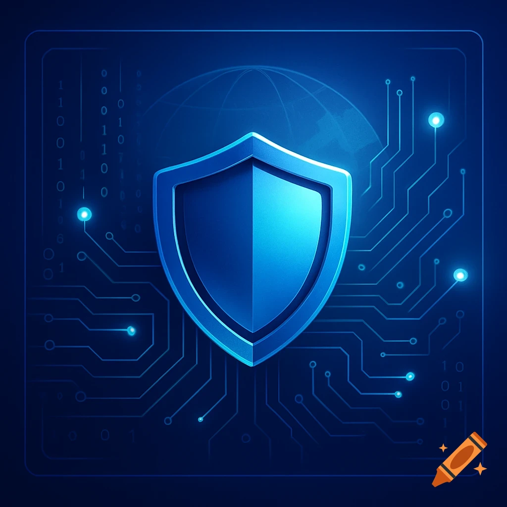 A blue metallic shield icon centered on a dark blue background with glowing circuit board lines and binary code patterns.