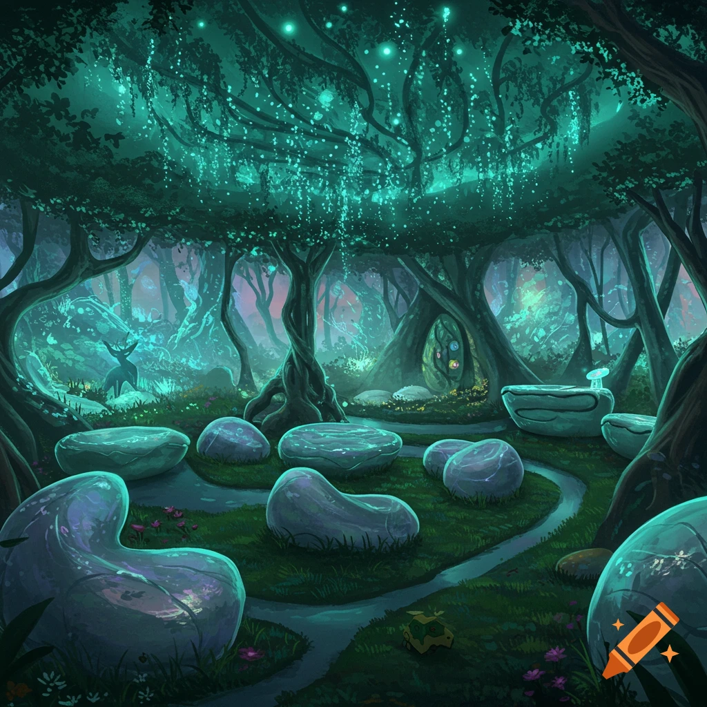 A magical, teal-lit fantasy forest clearing with large, smooth glowing stones, a winding path, and a deer in the distance.