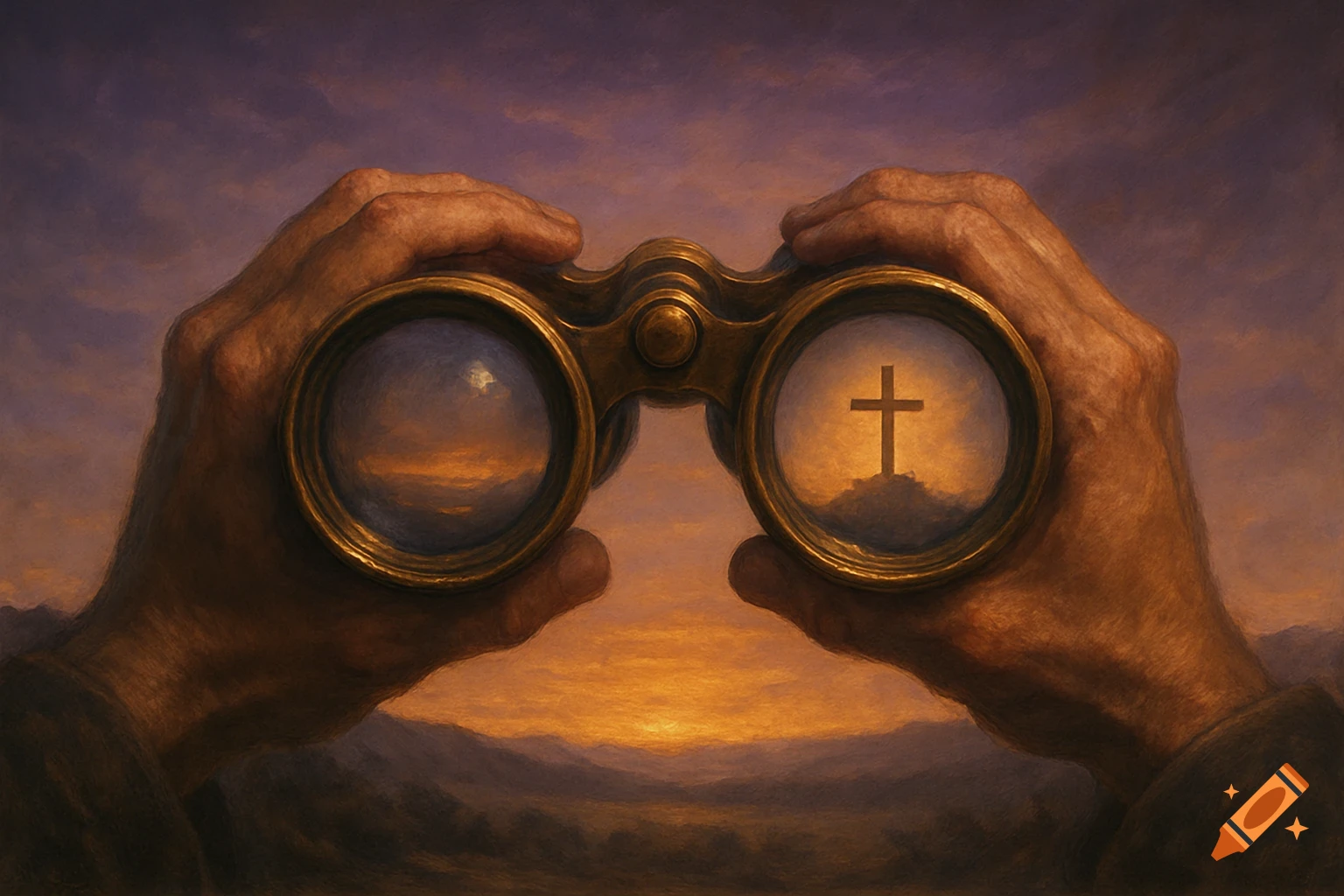 Hands hold brass binoculars, focusing on a silhouetted cross on a hill at sunset, with a landscape reflected in the other lens.