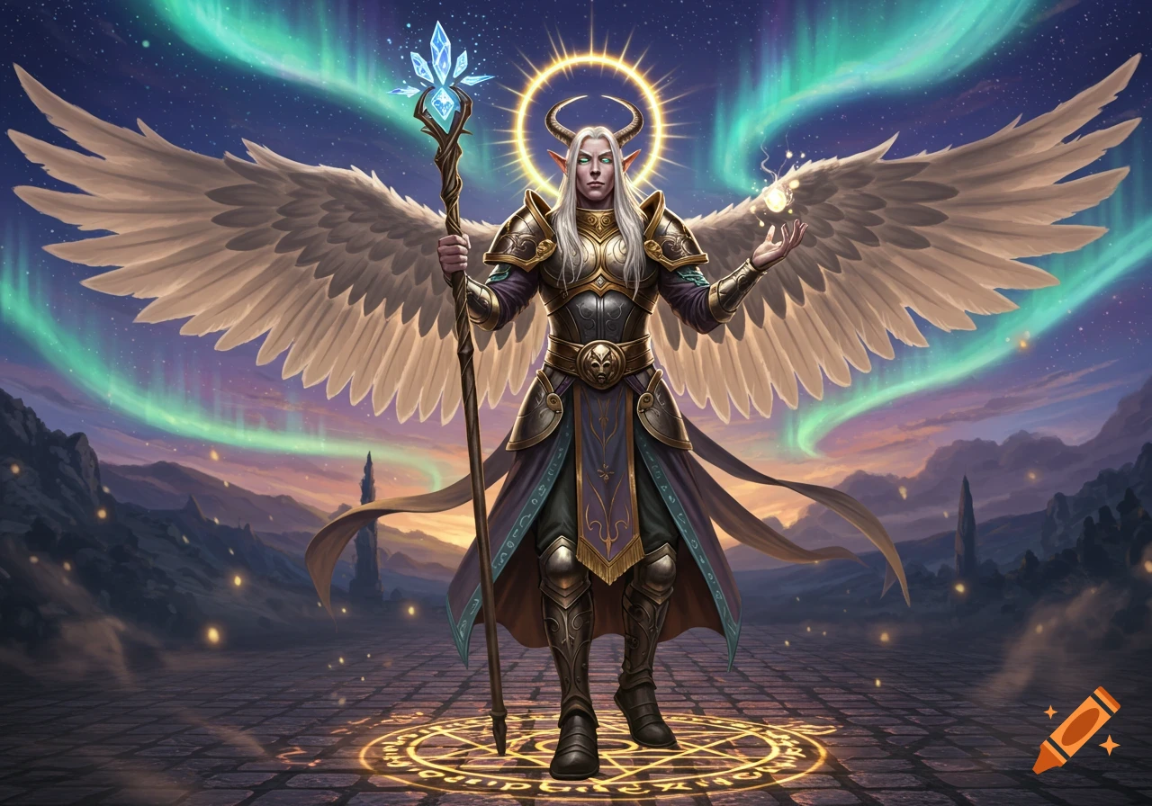 A winged fantasy character with horns, long white hair, and armor stands with a glowing staff and an aura, under an aurora sky.