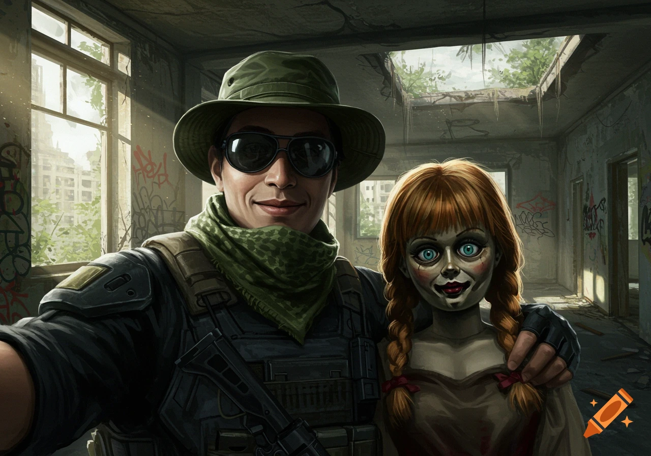 A man in military gear, boonie hat, sunglasses, and scarf, takes a selfie with the Annabelle doll in a ruined, graffiti-covered building.