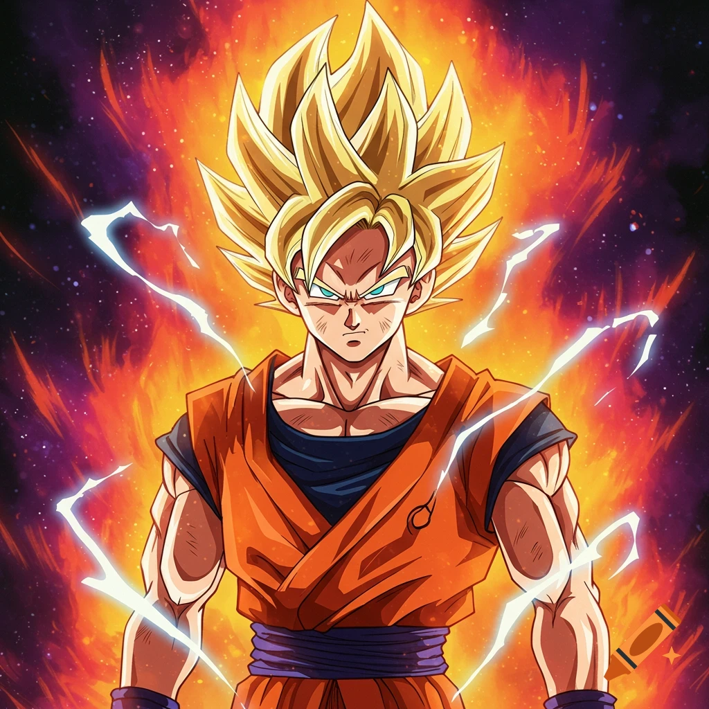Anime style portrait of Goku in Super Saiyan form with golden hair, an orange gi, and a fiery aura with lightning.
