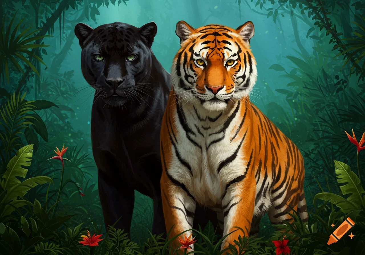 A black panther and a tiger stand side-by-side in a lush green jungle.