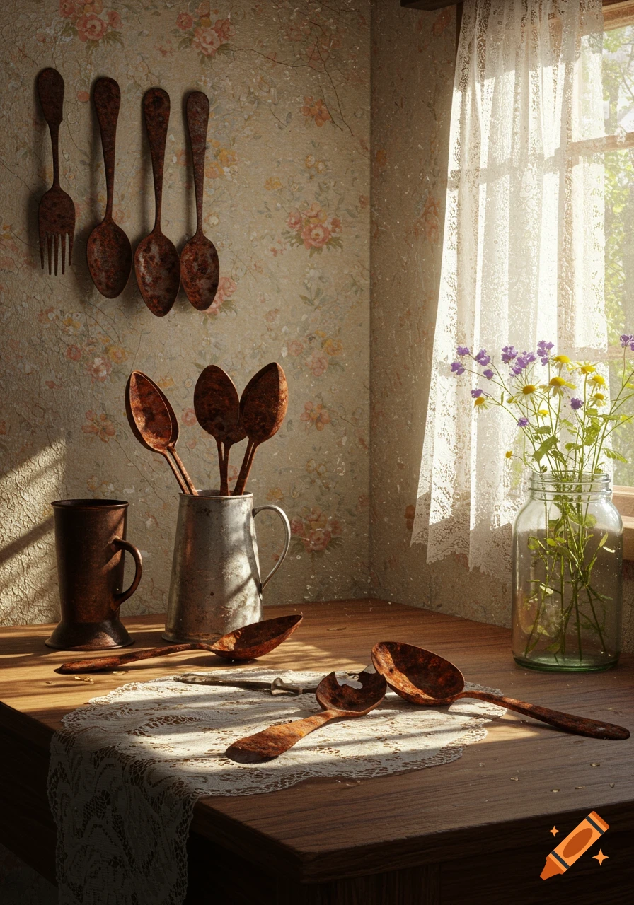 Photorealistic still life with rusty spoons on a wall and table, a mug, a pitcher, and wildflowers in a jar by a sunlit window.