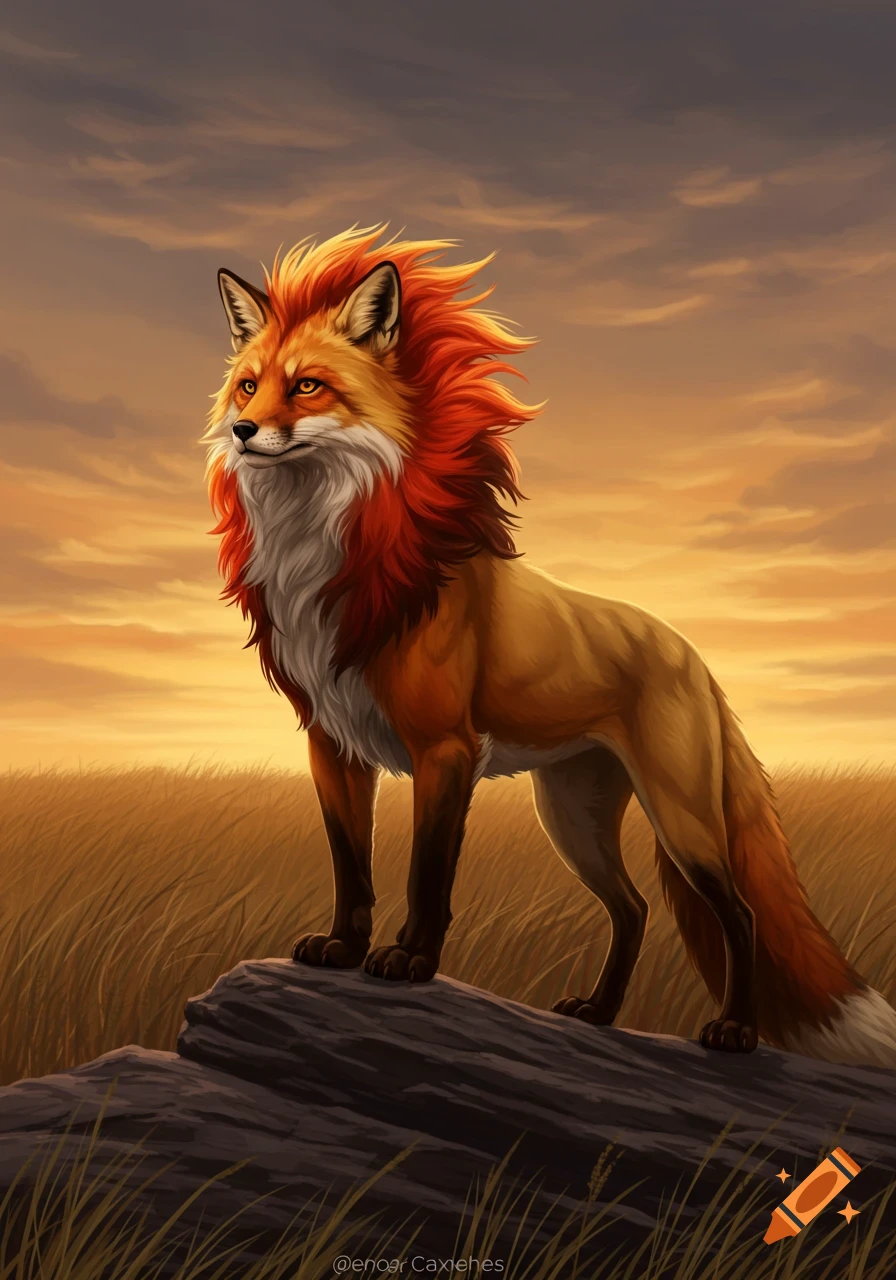 A majestic fox-lion hybrid with a fiery mane stands on a rock in a golden grassy field at sunset, in a digital painting style.