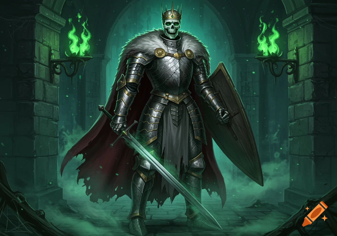 A skeletal knight in full armor, a fur-lined cape, and a crown stands in a dark crypt, holding a glowing green sword and shield, illuminated by eerie green flames.
