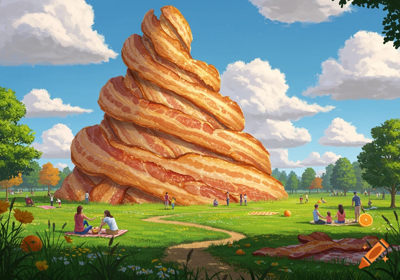 A whimsical illustration of a park with a large hill made of bacon, surrounded by people picnicking on a sunny day.