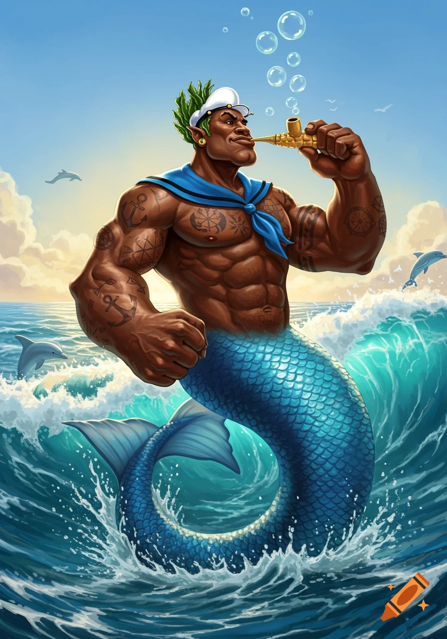 A muscular, dark-skinned merman version of Popeye the Sailor, with a blue sailor collar and a pipe, rising from ocean waves with dolphins.
