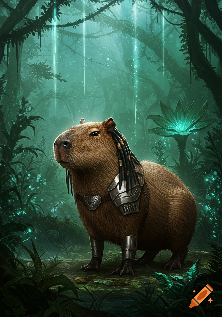 A capybara dressed as the Predator in a glowing jungle.