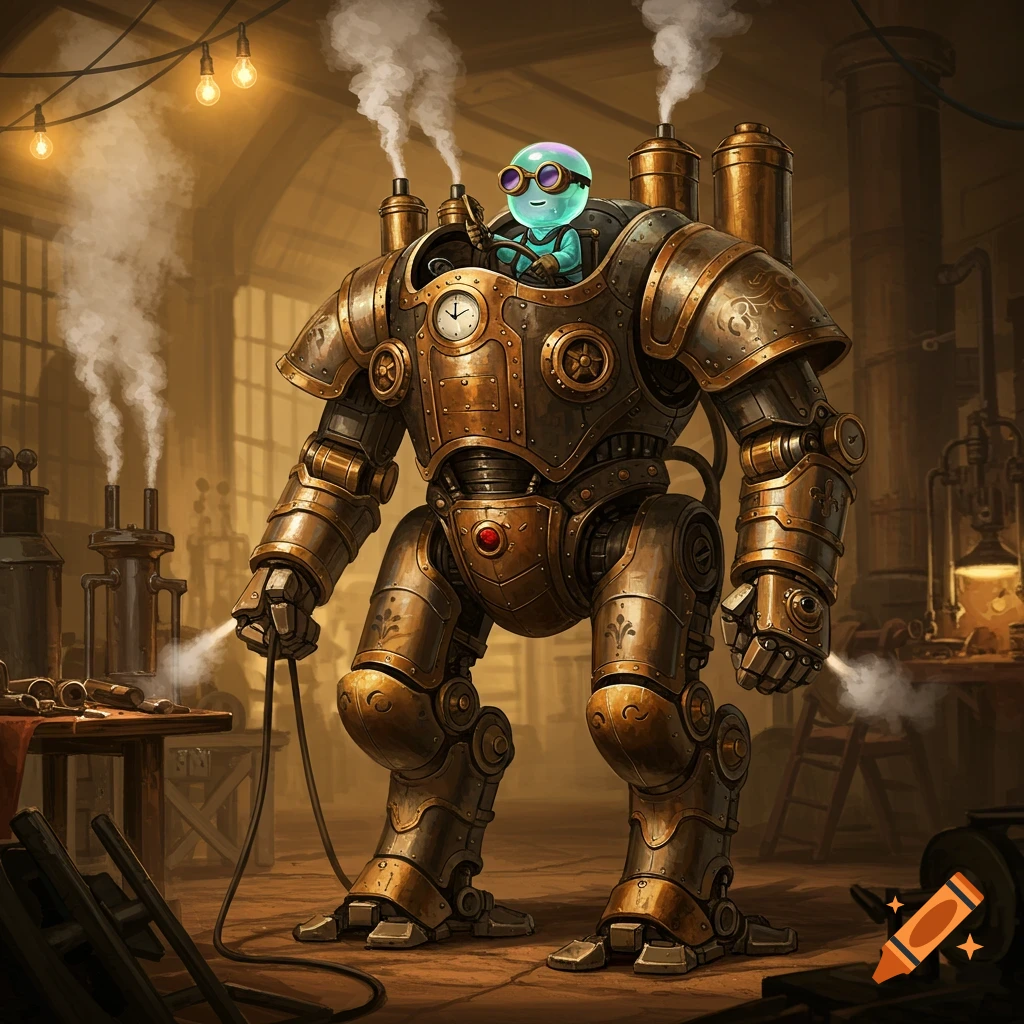 A teal, blob-like creature with goggles pilots a large, intricate steampunk mech in a dusty, steam-filled workshop.