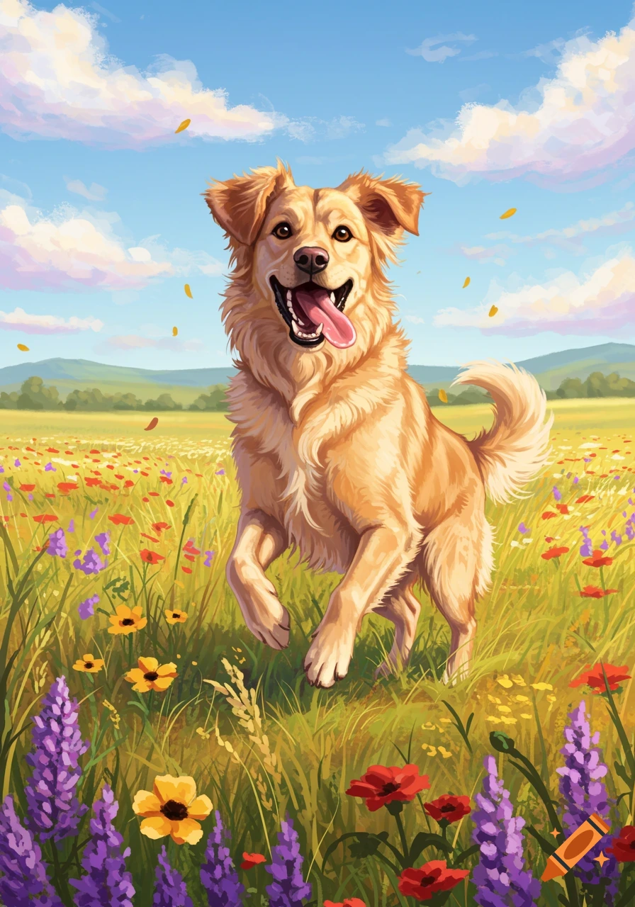 A happy golden retriever dog runs through a field of colorful wildflowers under a blue sky, painted in an illustrative style.