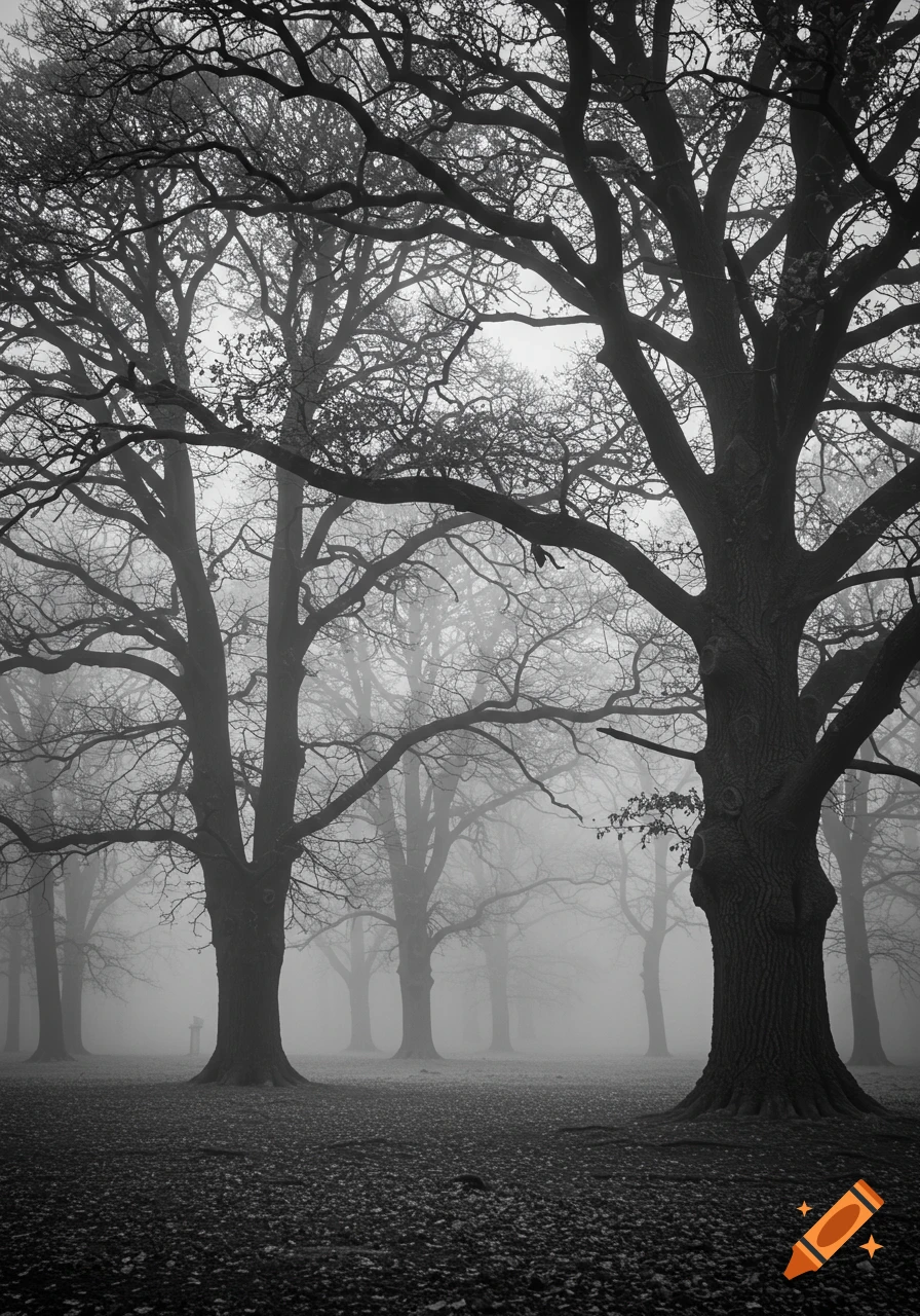 Black and white photo of a misty forest with bare trees and fallen leaves on the ground.