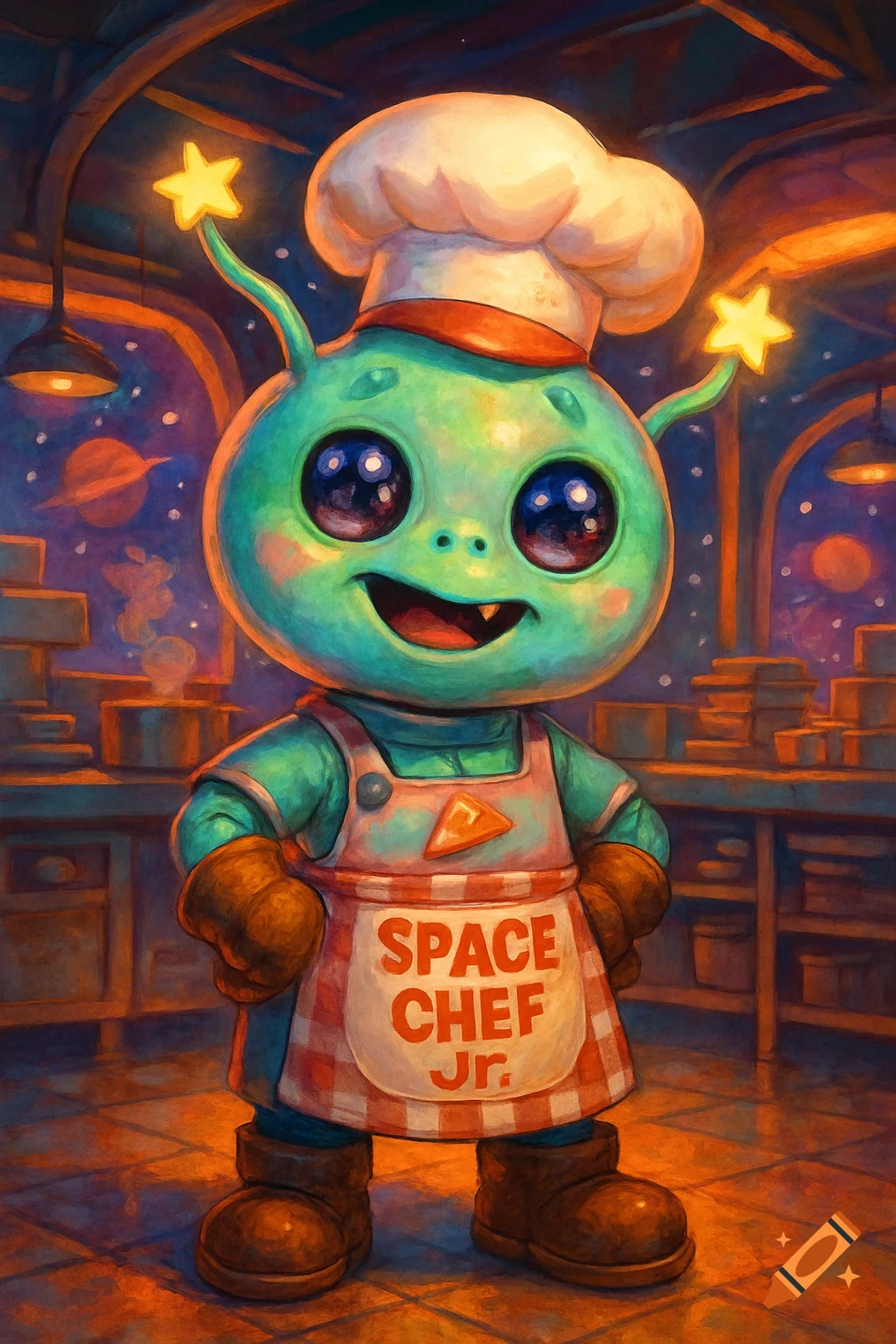 Cute green alien chef wearing an apron in a space-themed kitchen, painted style.