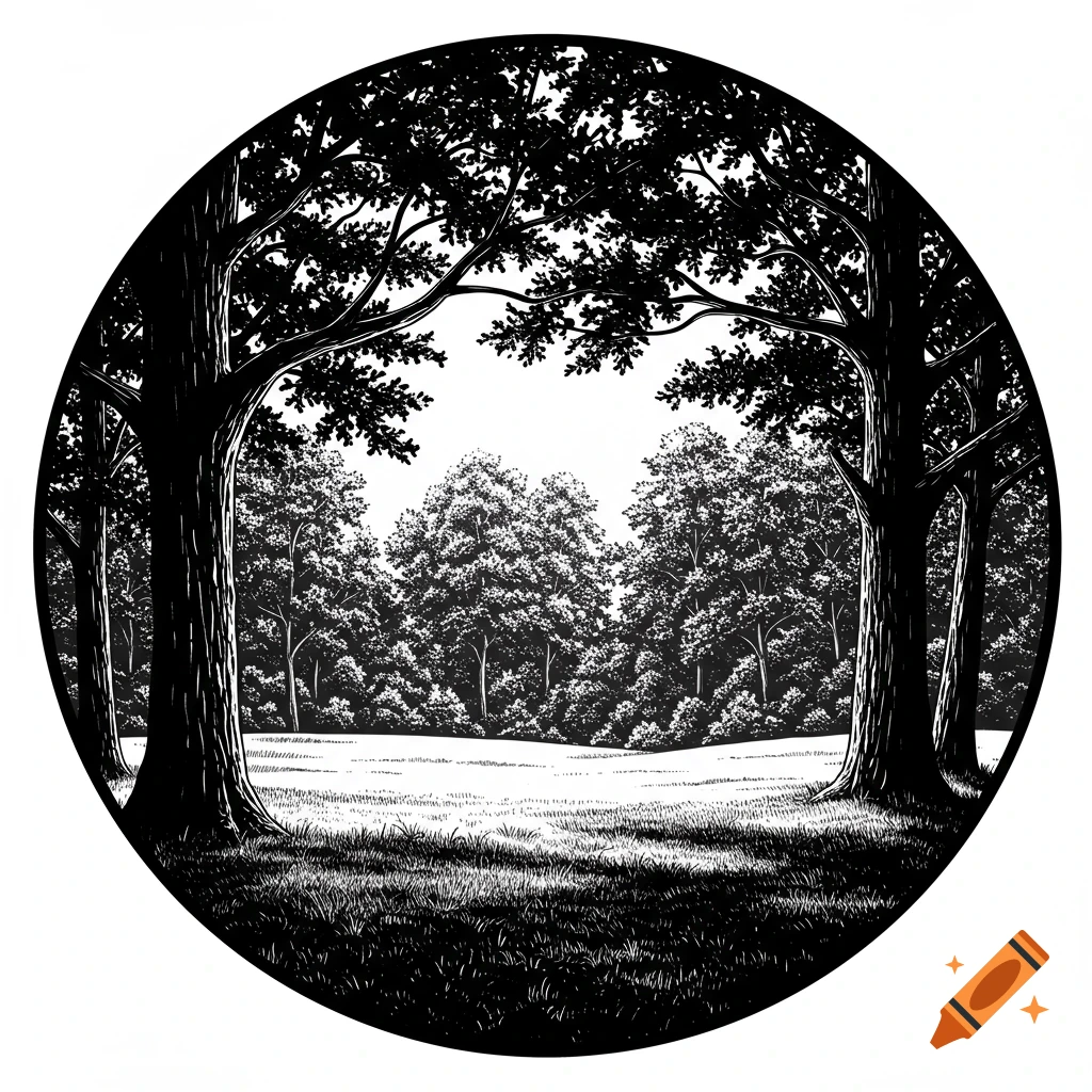 Black and white illustration of a forest clearing with trees, framed in a circle.