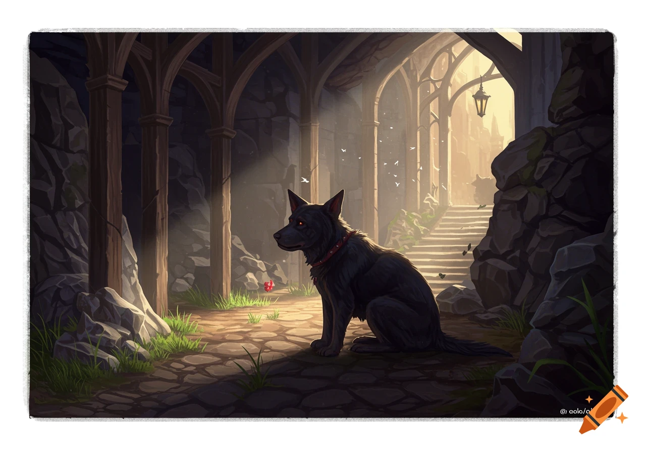 A black dog with glowing red eyes sits in a sunlit, crumbling Gothic-style building.
