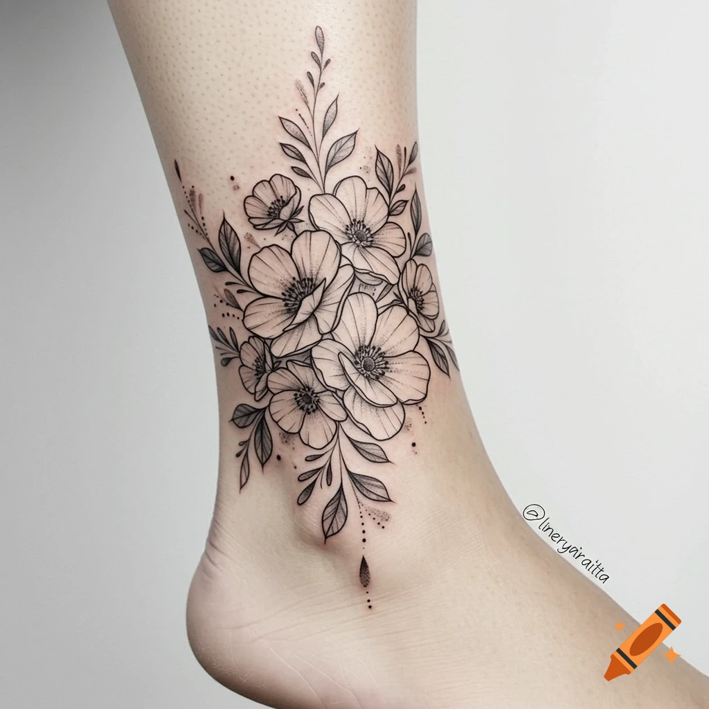 A black and white floral tattoo on an ankle, featuring a bouquet of flowers and leaves.