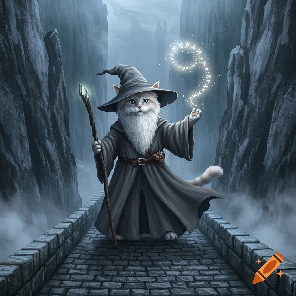A fluffy white cat dressed as a wizard in a grey robe and pointed hat stands on a stone bridge, casting a glowing magical spell.