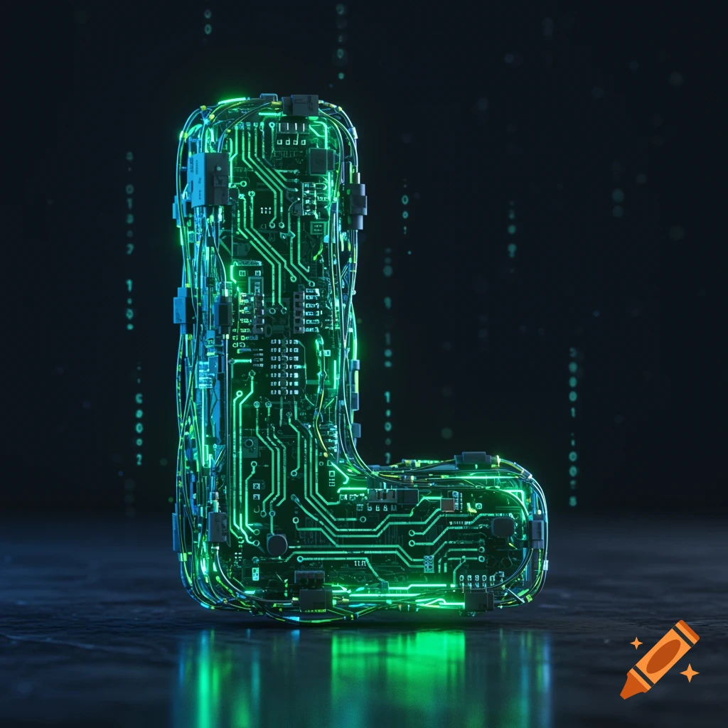 A letter L composed of glowing green circuit board components and wiring, standing on a reflective dark surface with falling binary code in the background.