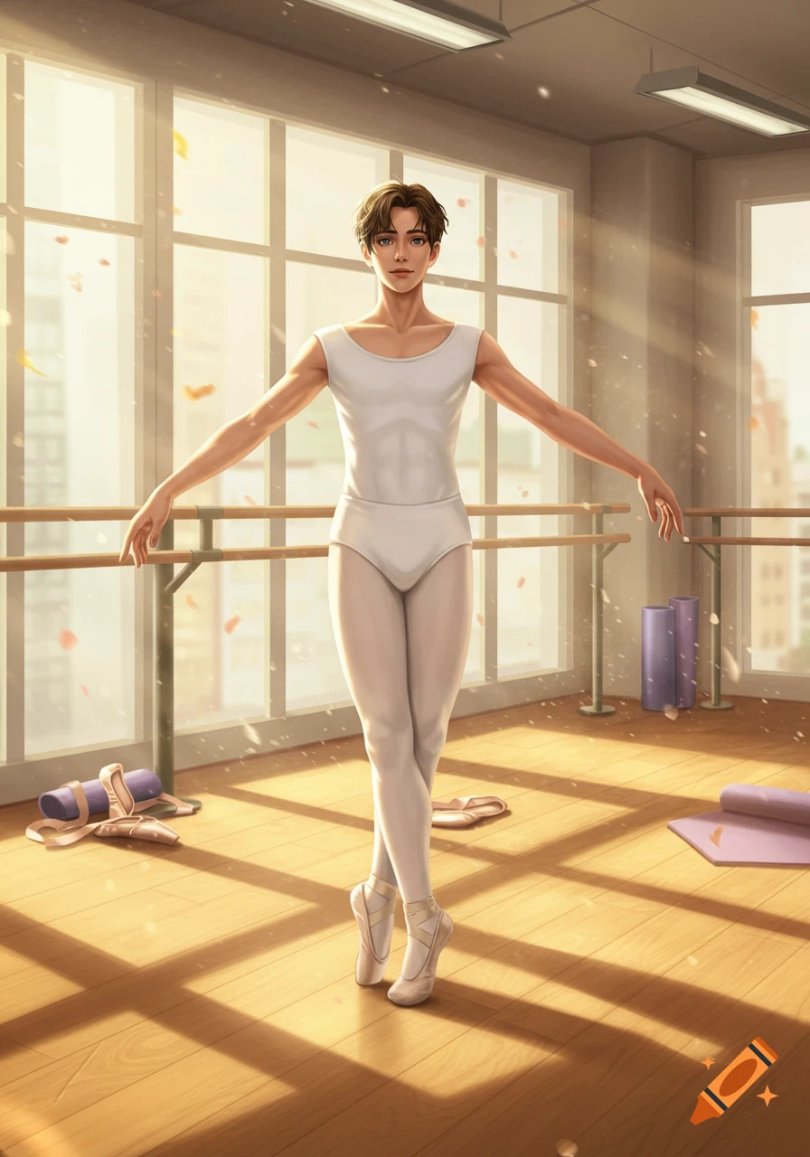 A male ballet dancer in a white leotard poses gracefully in a sunny studio with ballet barres, in a digital art style.